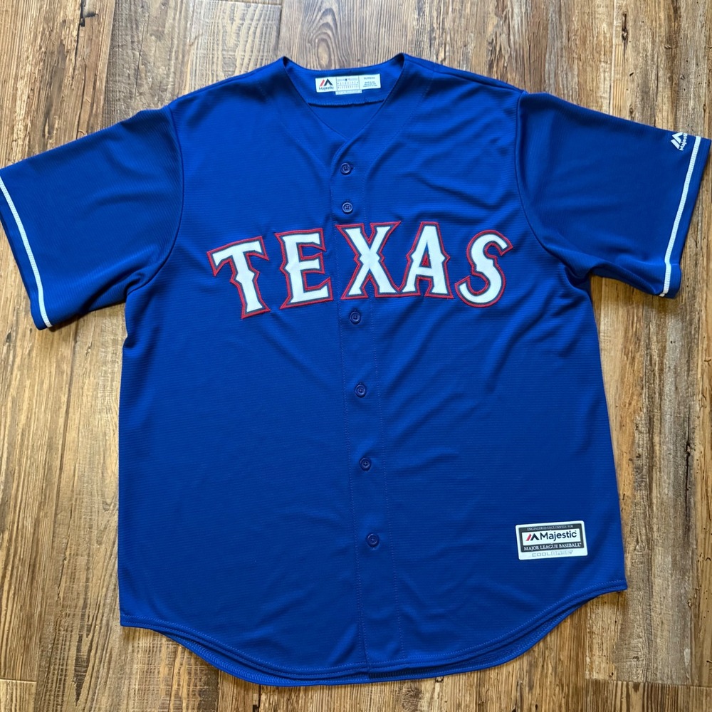 Majestic Baseball Jersey Mens XL Blue Texas Rangers Cool Base MLB Button Up - Picture 1 of 9